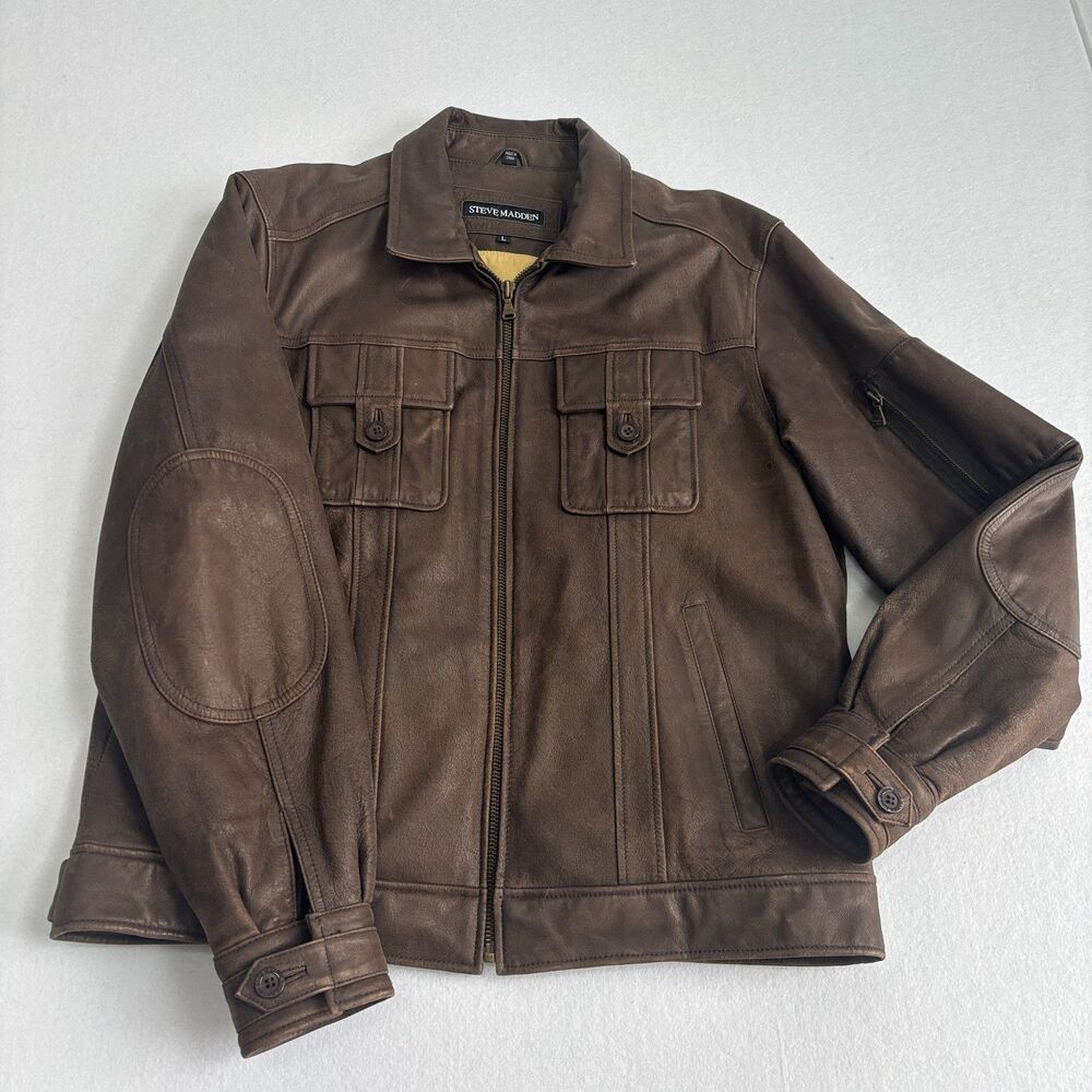 Steve Madden VTG Bomber Leather Jacket Men L Brown Elbow Patches Y2K 90s Aviator